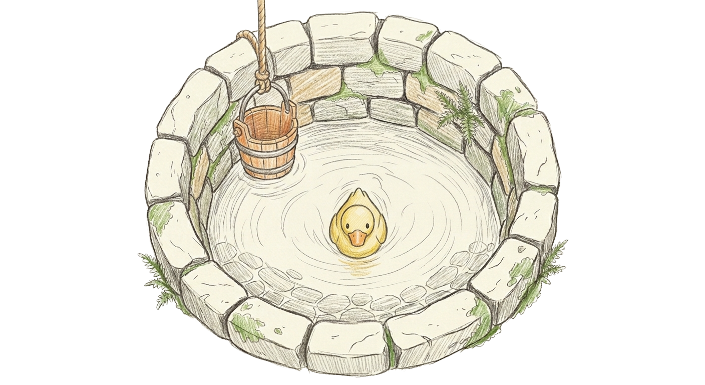 A small yellow rubber duck floating in an old stone well
